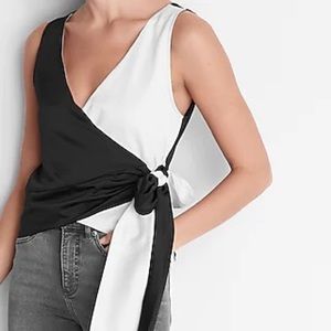 Black and white color block tank with tie front